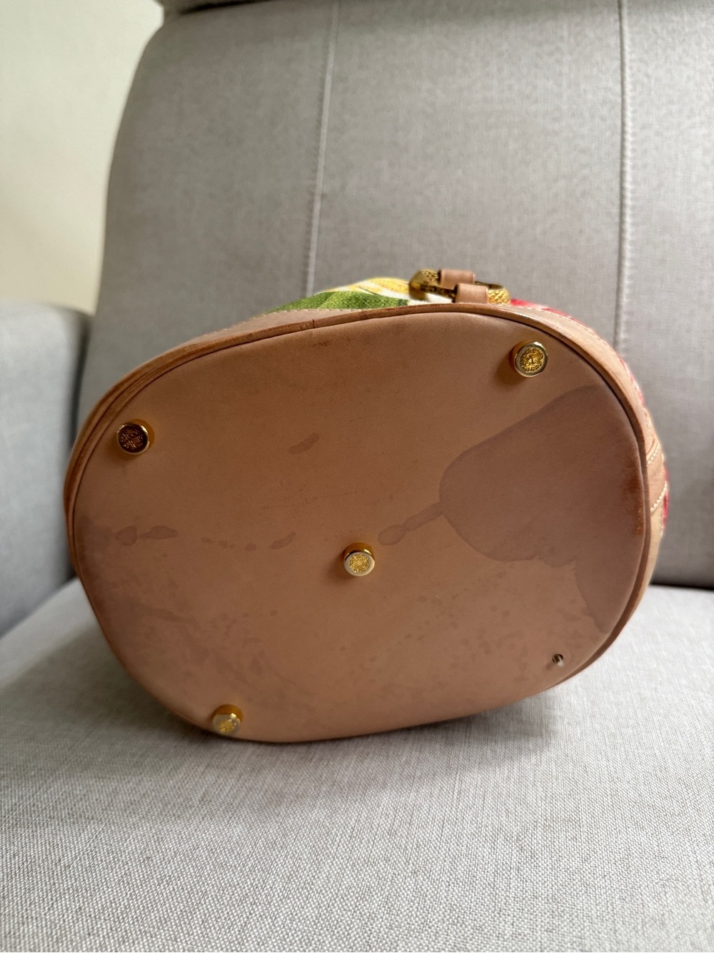 Roberto Cavalli Beige Floral Canvas Bucket Shoulder Bag with Tan Leather Trim - Picture 7 of 7
